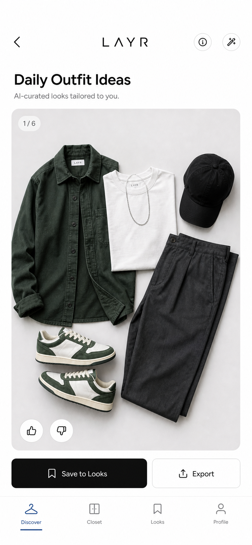 LAYR Daily Outfit Ideas screen showing an occasion-ready outfit