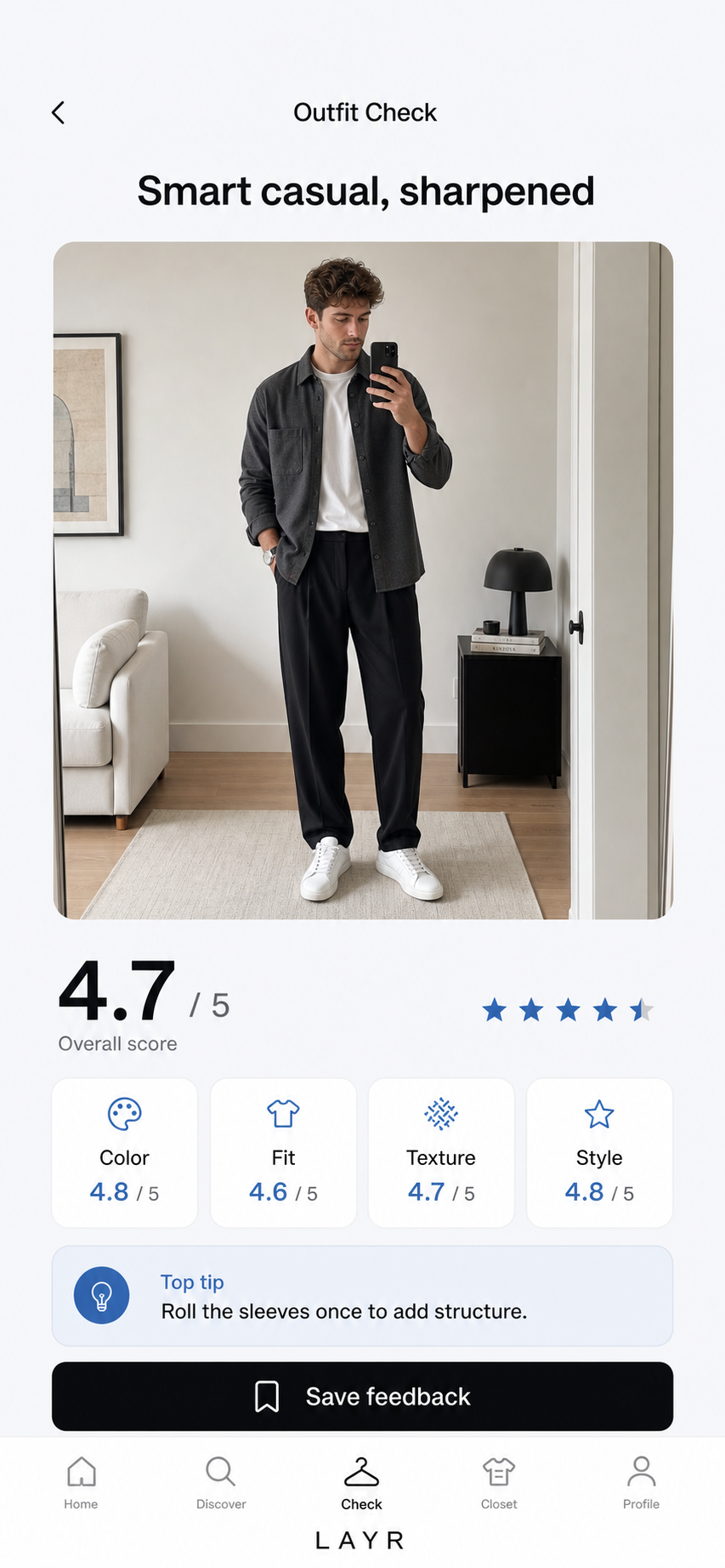 Outfit Check rating and practical feedback in LAYR