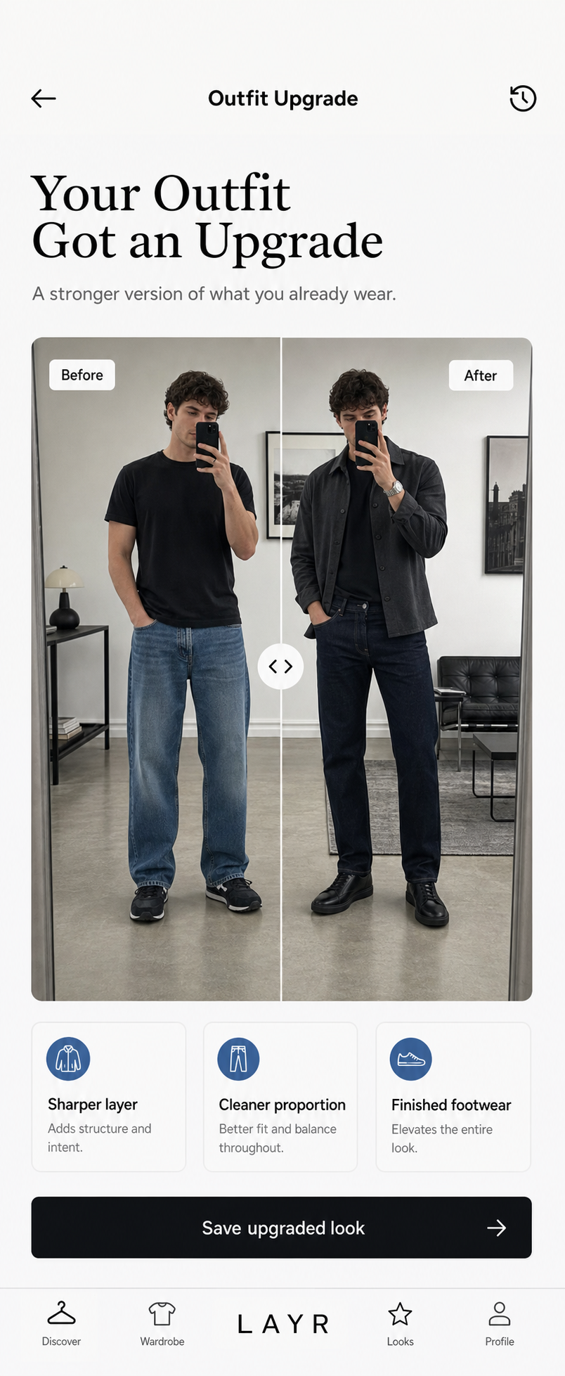 A before and after outfit upgrade in LAYR