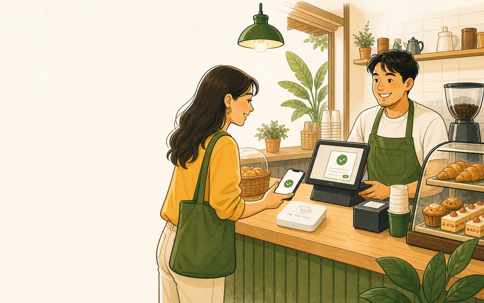 Illustration of a cafe customer tapping a phone at a counter while the owner sees a digital receipt confirmation